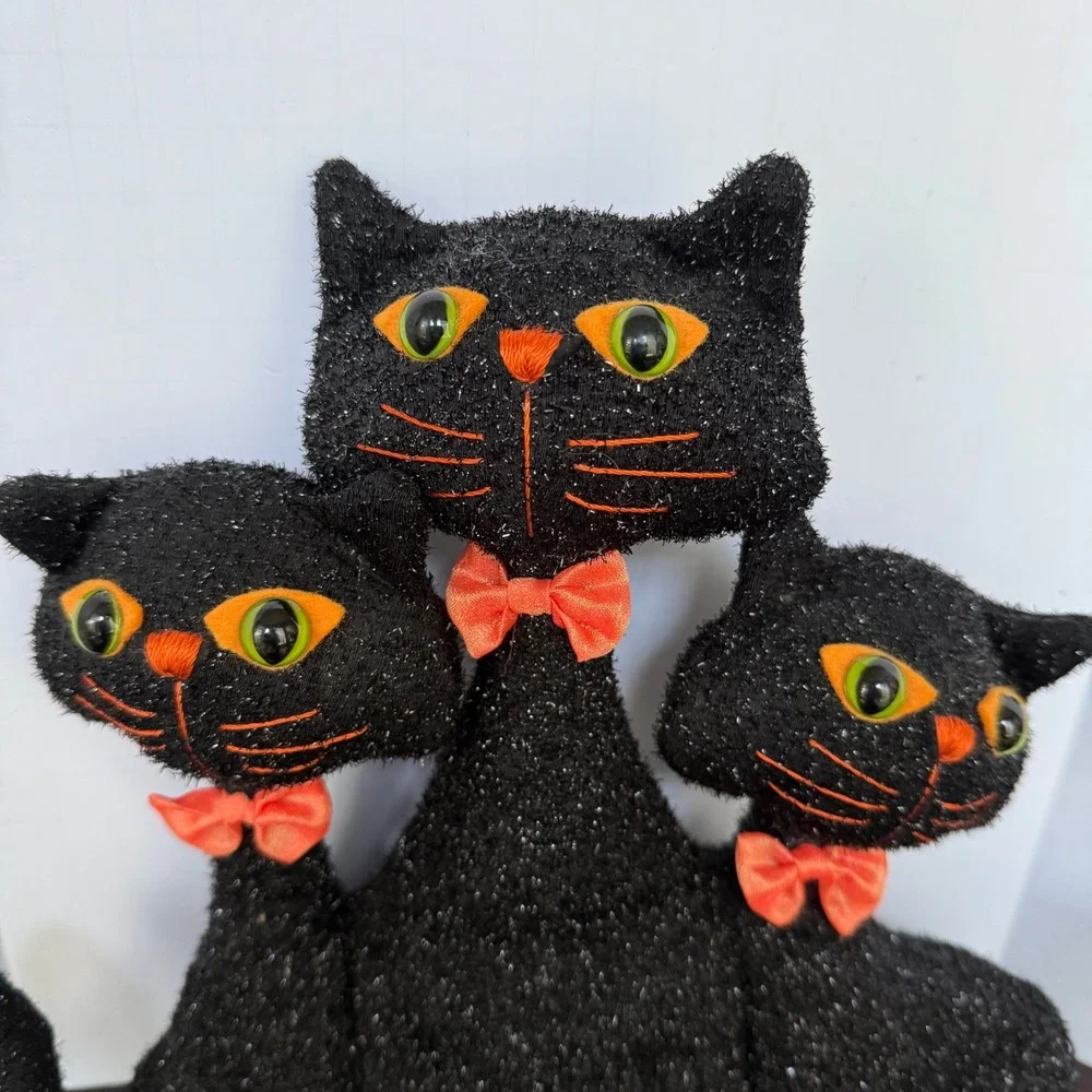 Vtg 2000 Kids of America Corp Halloween Black Cat Trio Sparkle Plush Decor 12
